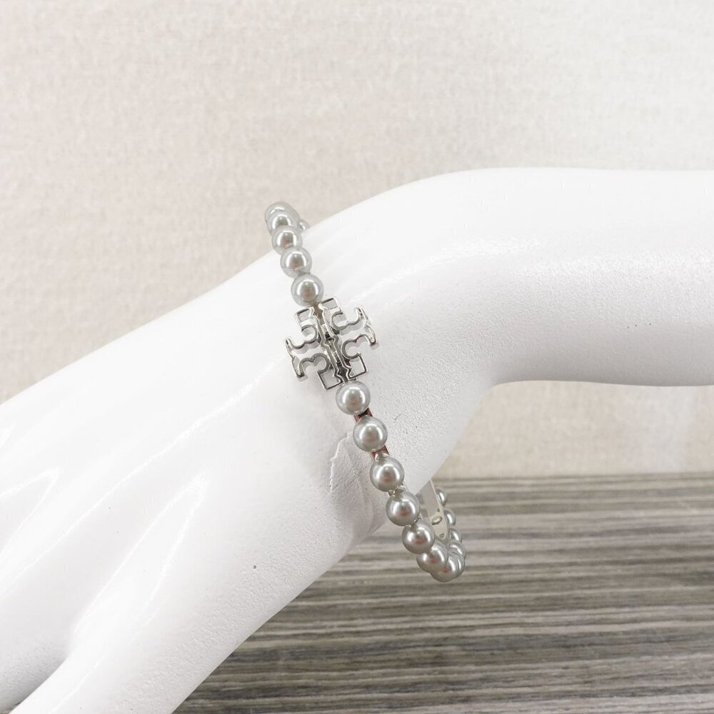 Tory Burch Logo Pearl Cuff Bangle Silver OS - Picture 14 of 14